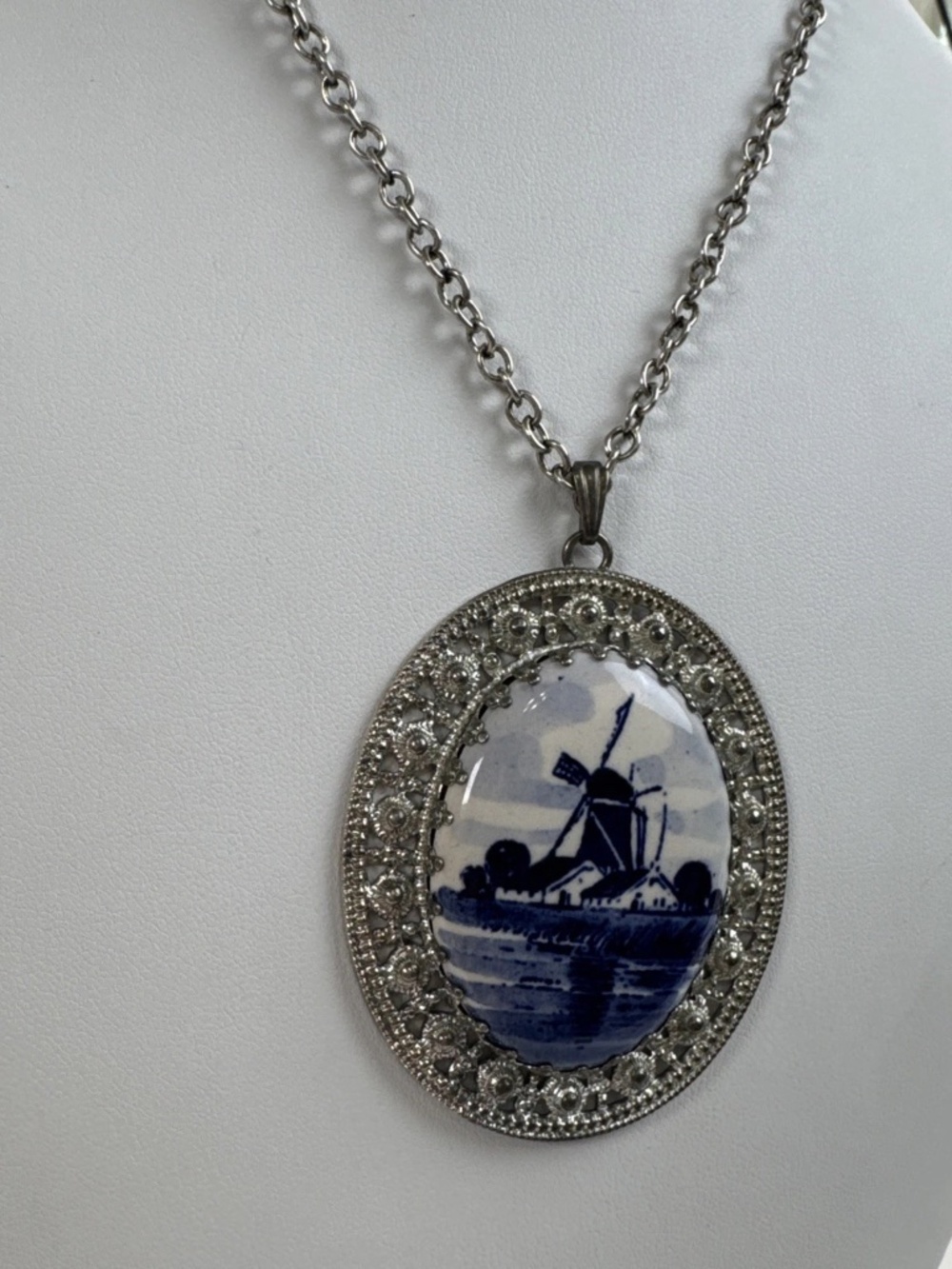 Vintage Delft Blue Windmill Porcelain Cameo Style Silver Tone Pendant Necklace